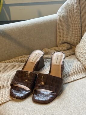 ANTONIO MELANI Dark Brown Croc-Embossed Slide Mules